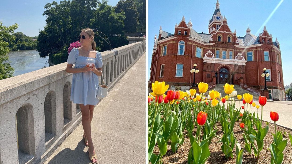A person standing on a bridge. Right: Tulips in front of a historic building.
