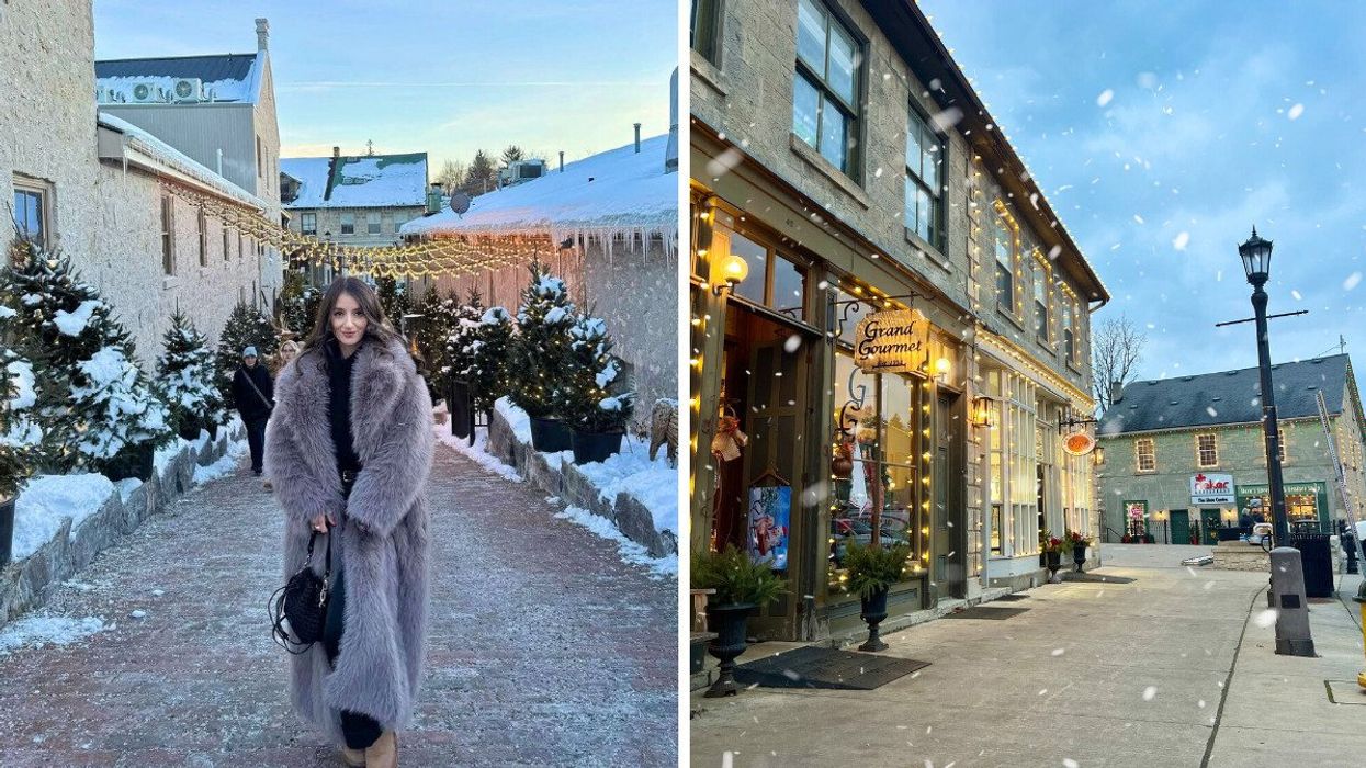 A person standing on a cobblestone street. Right: A historic small town with lights on the buildings.