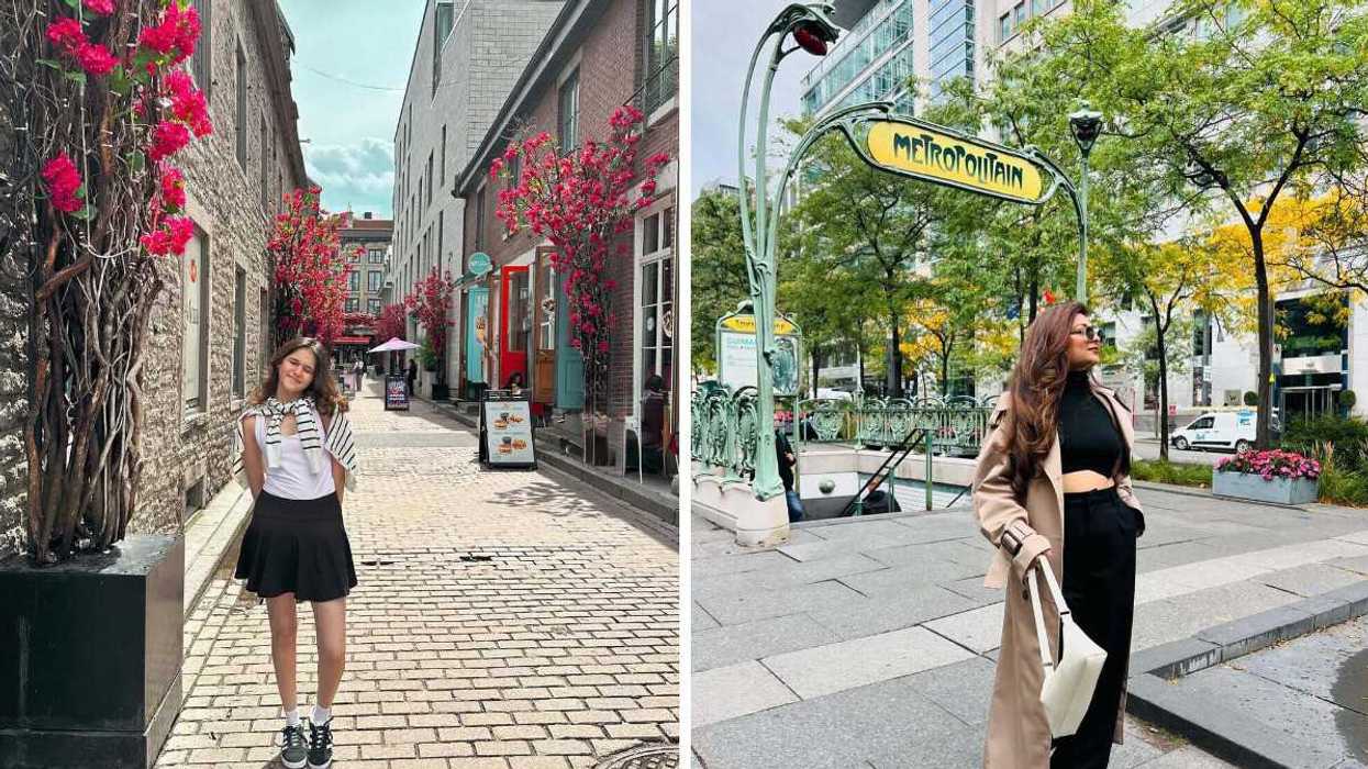 A person standing on a cobblestone street. Right: A person standing by a metro station.
