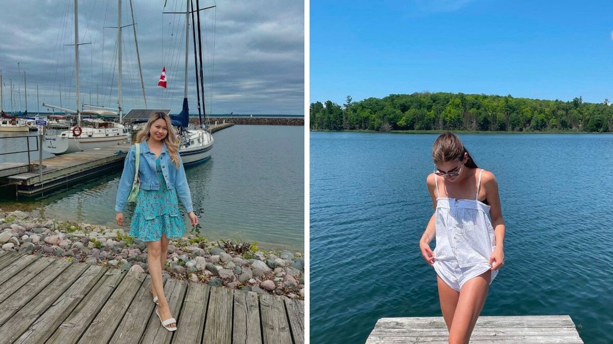 A person standing on a dock by boats. Right: A person standing on a dock.