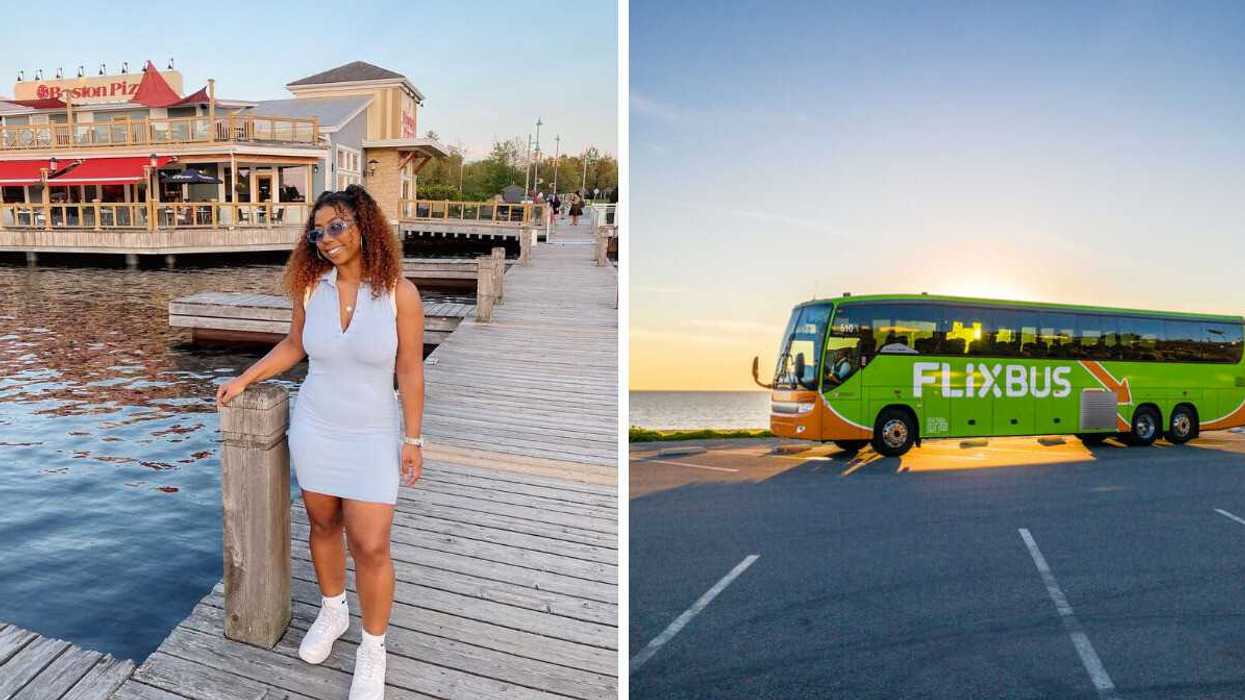 A person standing on a dock. Right: A green bus.