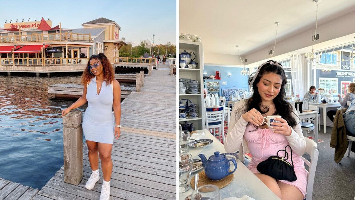 A person standing on a dock. Right: A person sitting at a tea shop.
