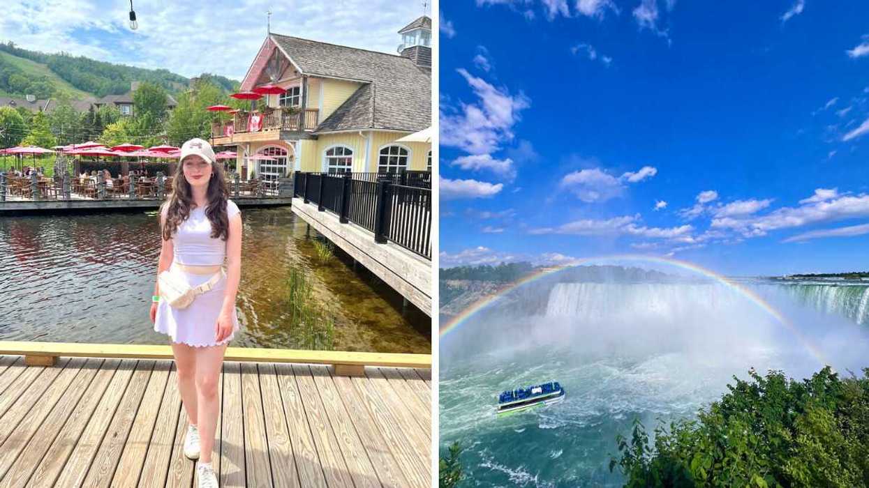A person standing on a dock. Right: A waterfall with a rainbow.