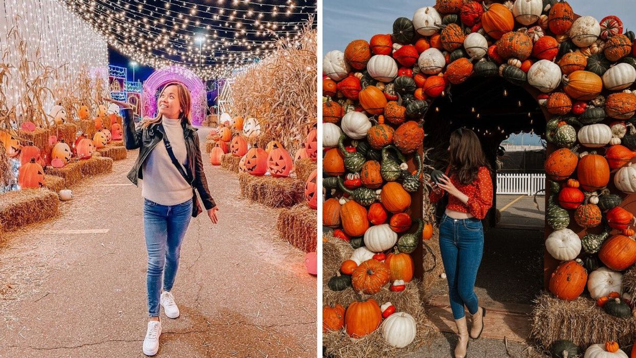 A person standing on a Halloween trail. Right: A person standing by a pumpkin house.