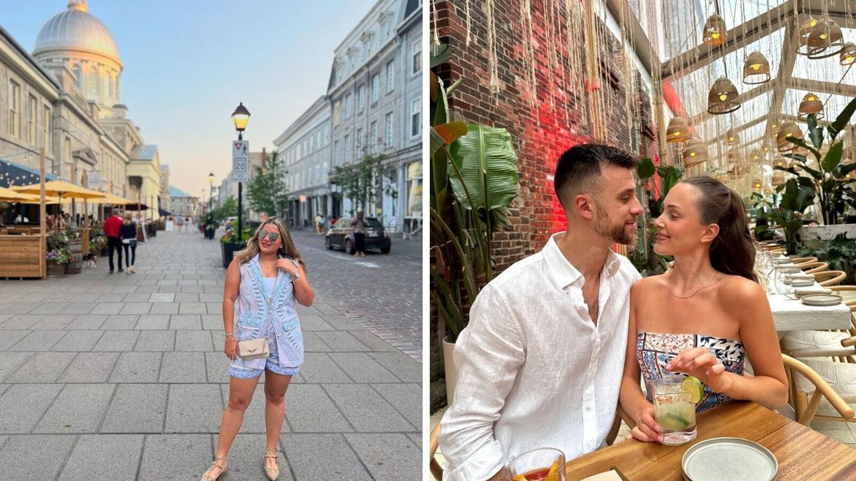 A person standing on a historic street. Right: A couple at a restaurant.