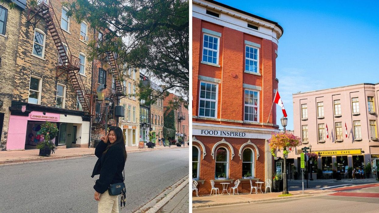 A person standing on a historic street. Right: A historic small town.