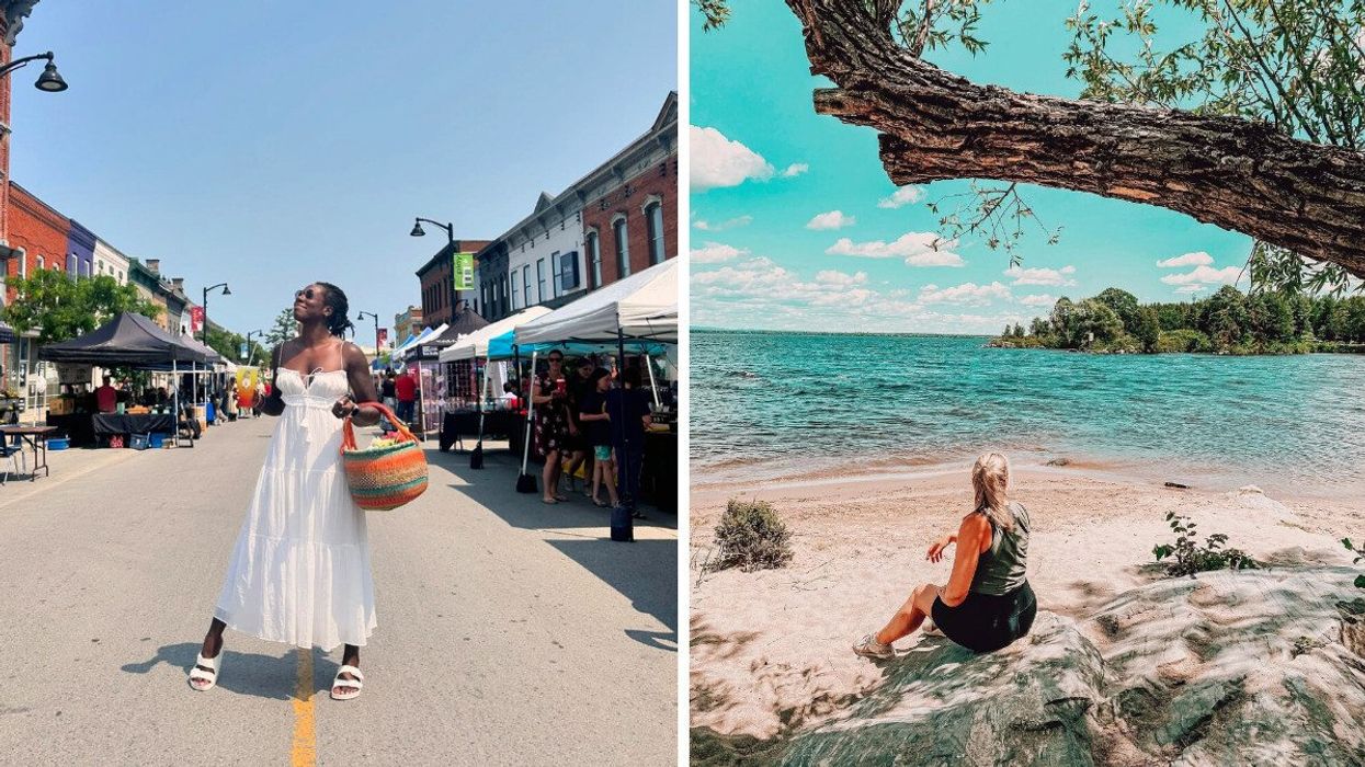 A person standing on a historic street. Right: A person sitting on a beach.