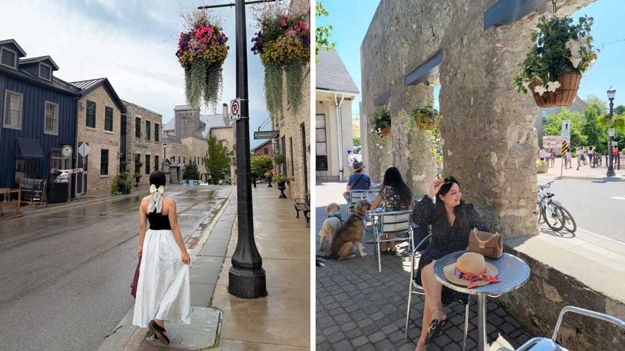 A person standing on a historic street. Right: A person sitting on a patio by a stone wall.