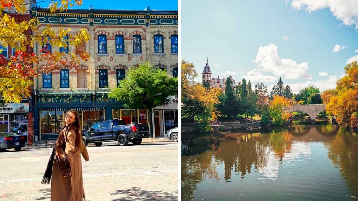 A person standing on a historic street. Right: A river during the fall.