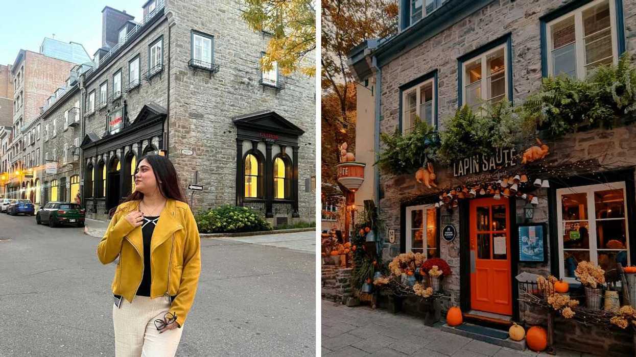 A person standing on a historic street. Right: A stone building decorated for fall.