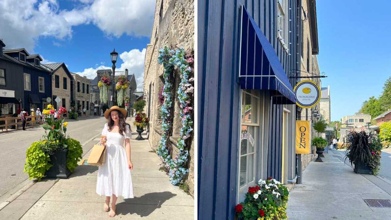 A person standing on a historic street. Right: A street with shops.