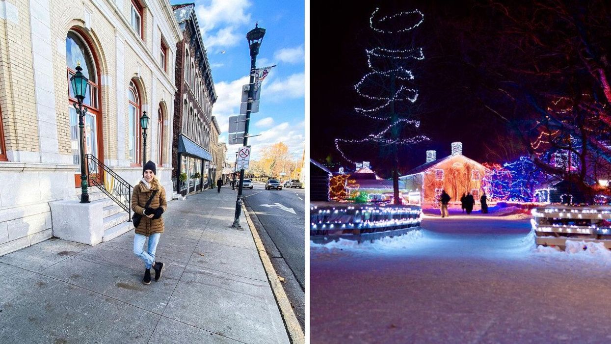 A person standing on a historic street. Right: A village with Christmas lights.