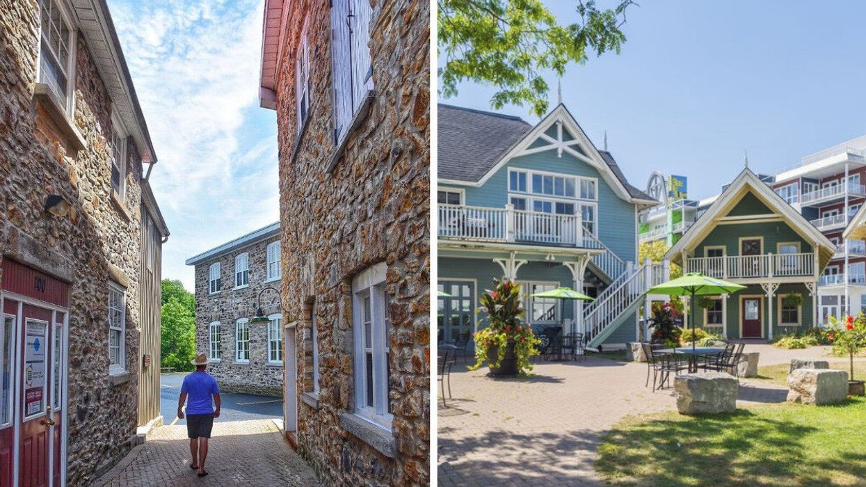 A person standing on a historic street. Right: Colourful buildings.