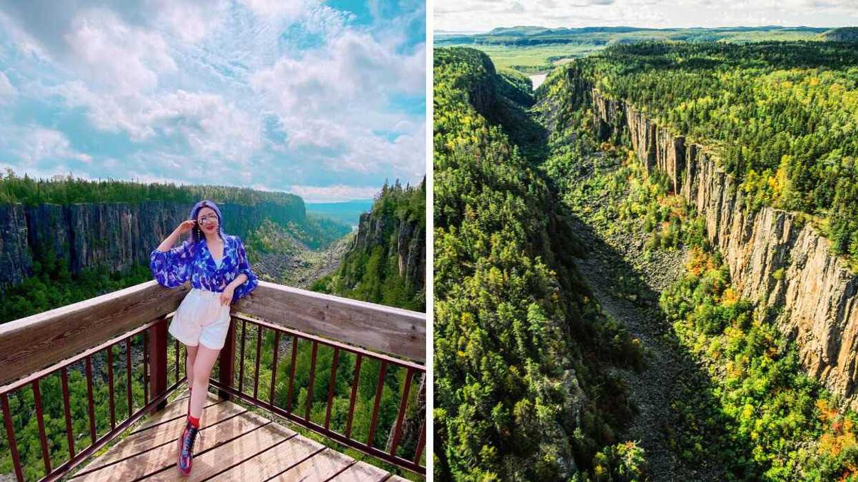 A person standing on a lookout platform. Right: A canyon.
