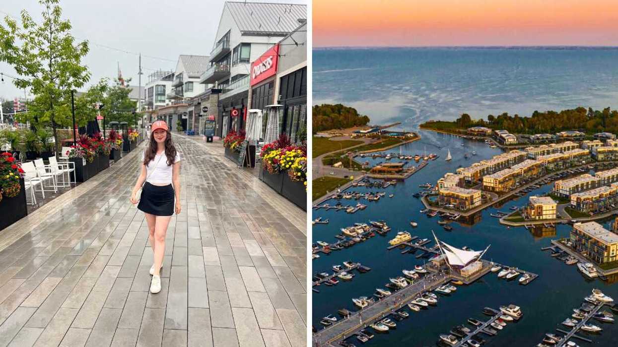 A person standing on a promenade. Right: An aerial view of a harbour community.
