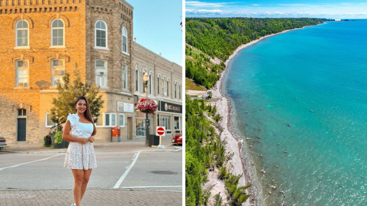 A person standing on a quaint street. Right: An aerial view of a beach.