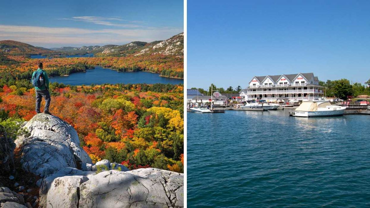 A person standing on a rock overlooking fall colours. Right: A harbour village.
