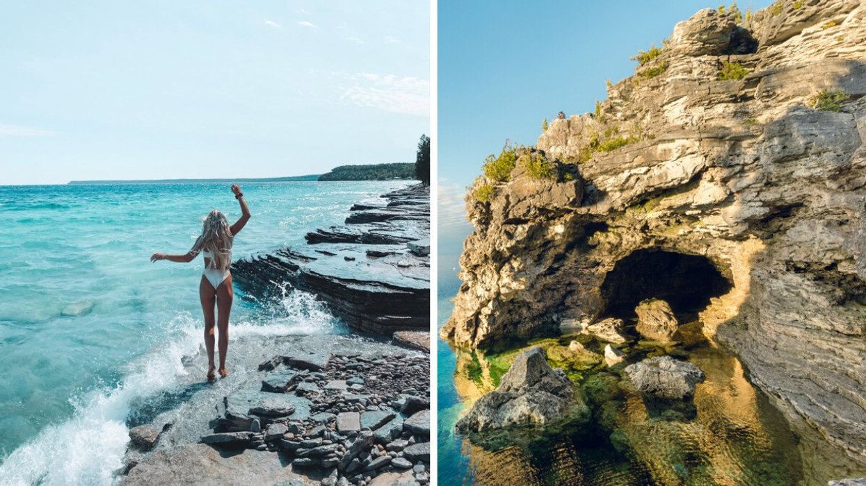 A person standing on a rocky shore. Right: A sea cave.