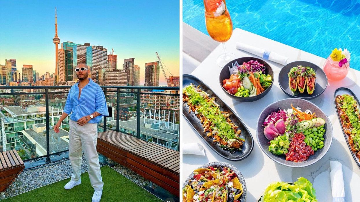 A person standing on a rooftop patio. Right: A poolside table with food.
