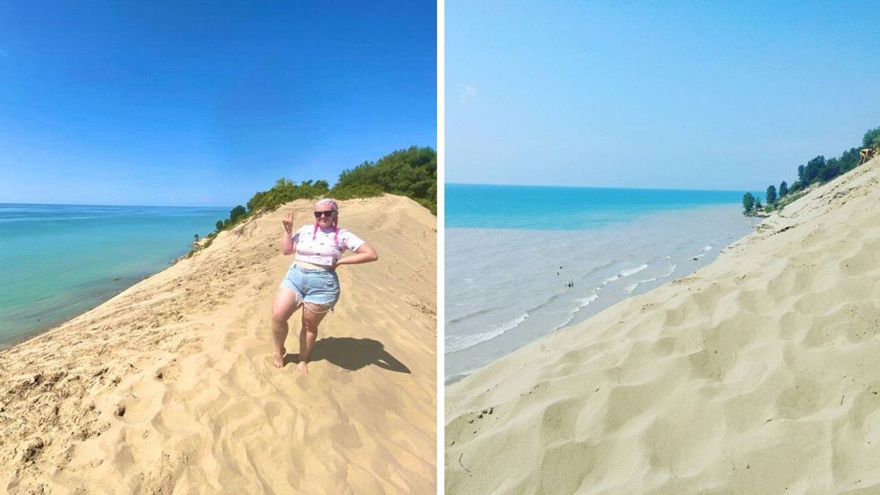 A person standing on a sand dune. Right: White sandy shores by turquoise water.
