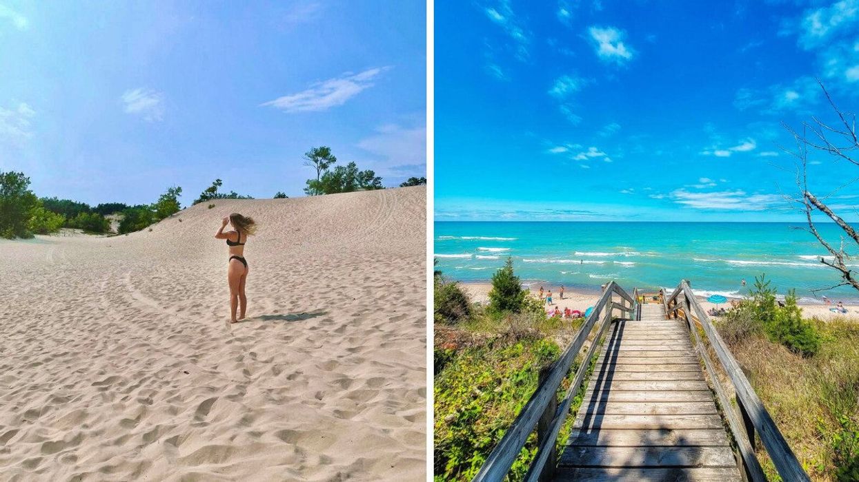 A person standing on a sandy beach. Right: A boardwalk leading to a beach.