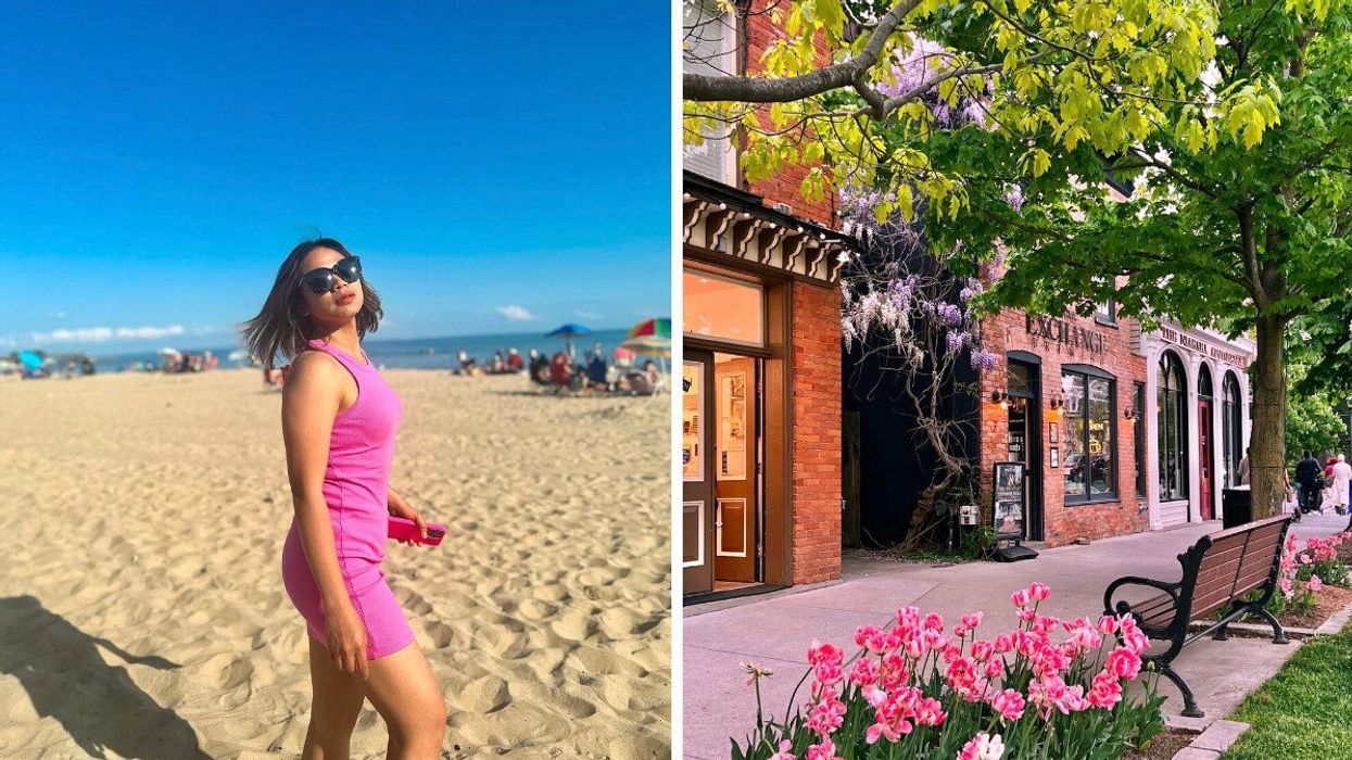 A person standing on a sandy beach. Right: A charming street.