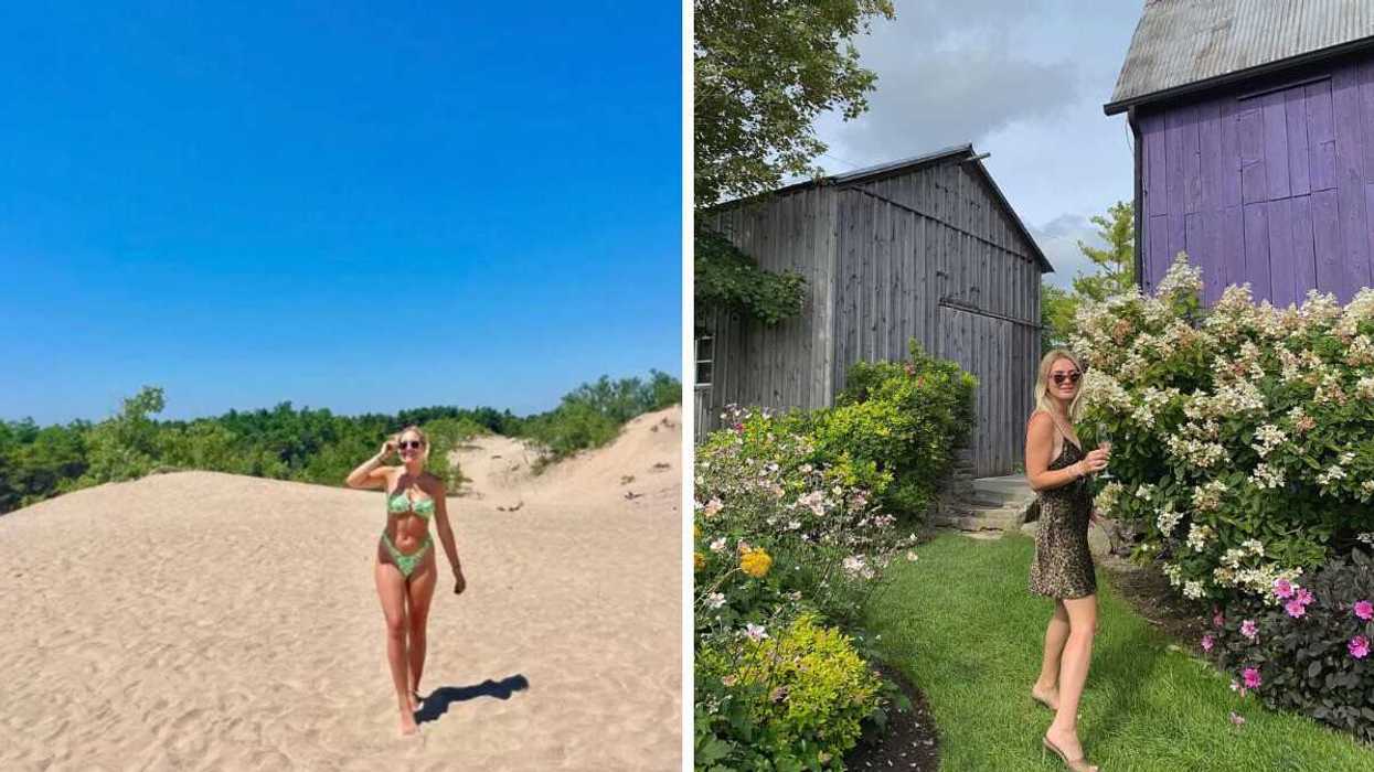 A person standing on a sandy beach. Right: A person standing in a garden.