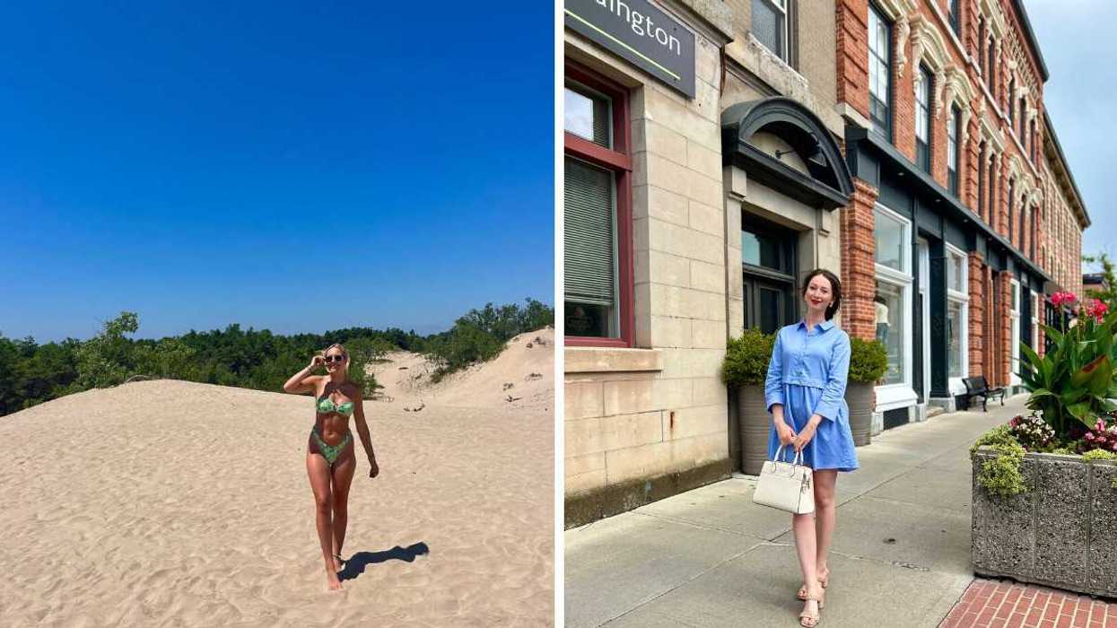 A person standing on a sandy beach. Right: A person standing on a street.