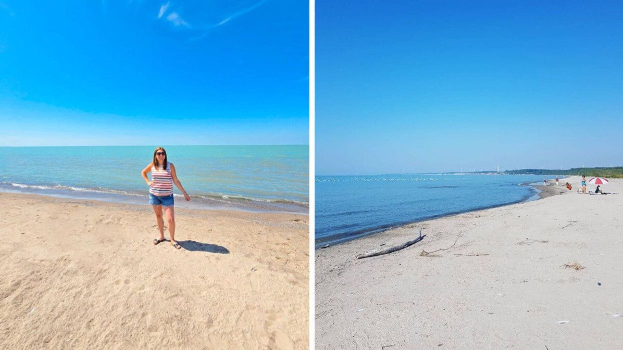 A person standing on a sandy beach. Right: A white sand beach.