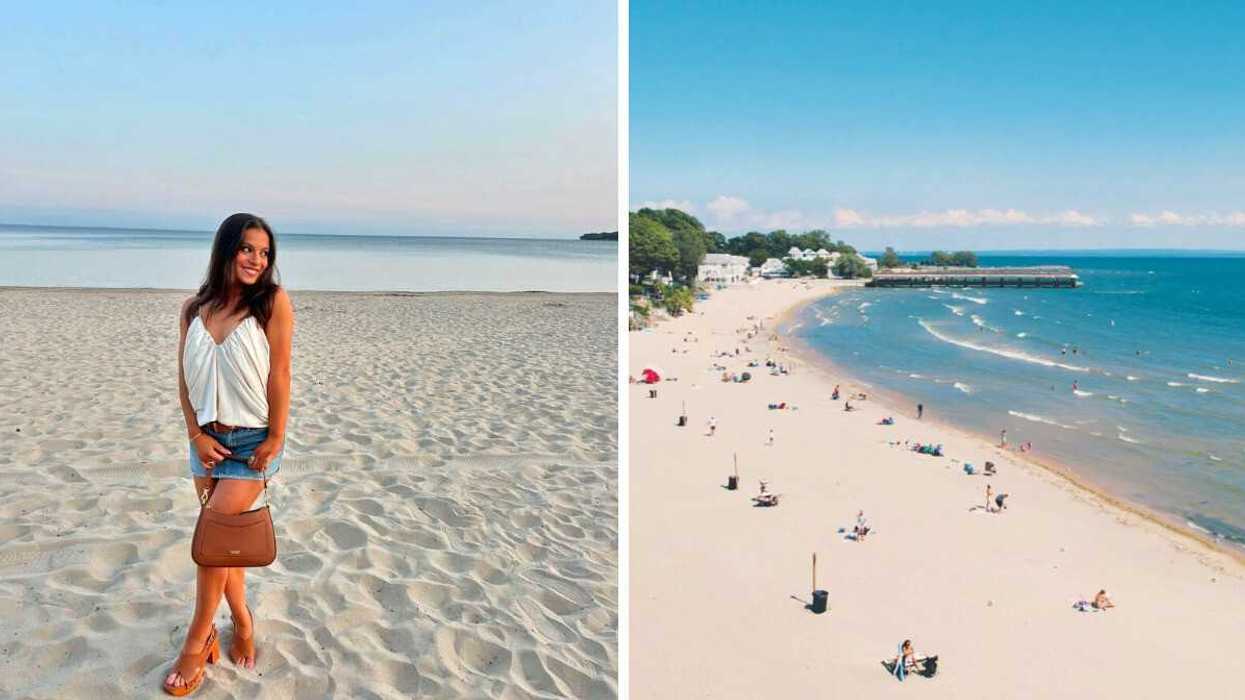 A person standing on a sandy beach. Right: A white sandy beach.