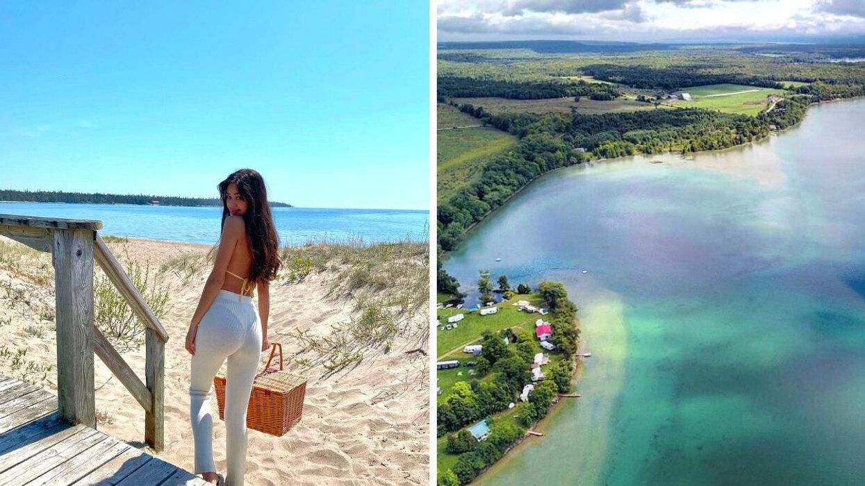 A person standing on a sandy beach. Right: An aeiral view of an island.