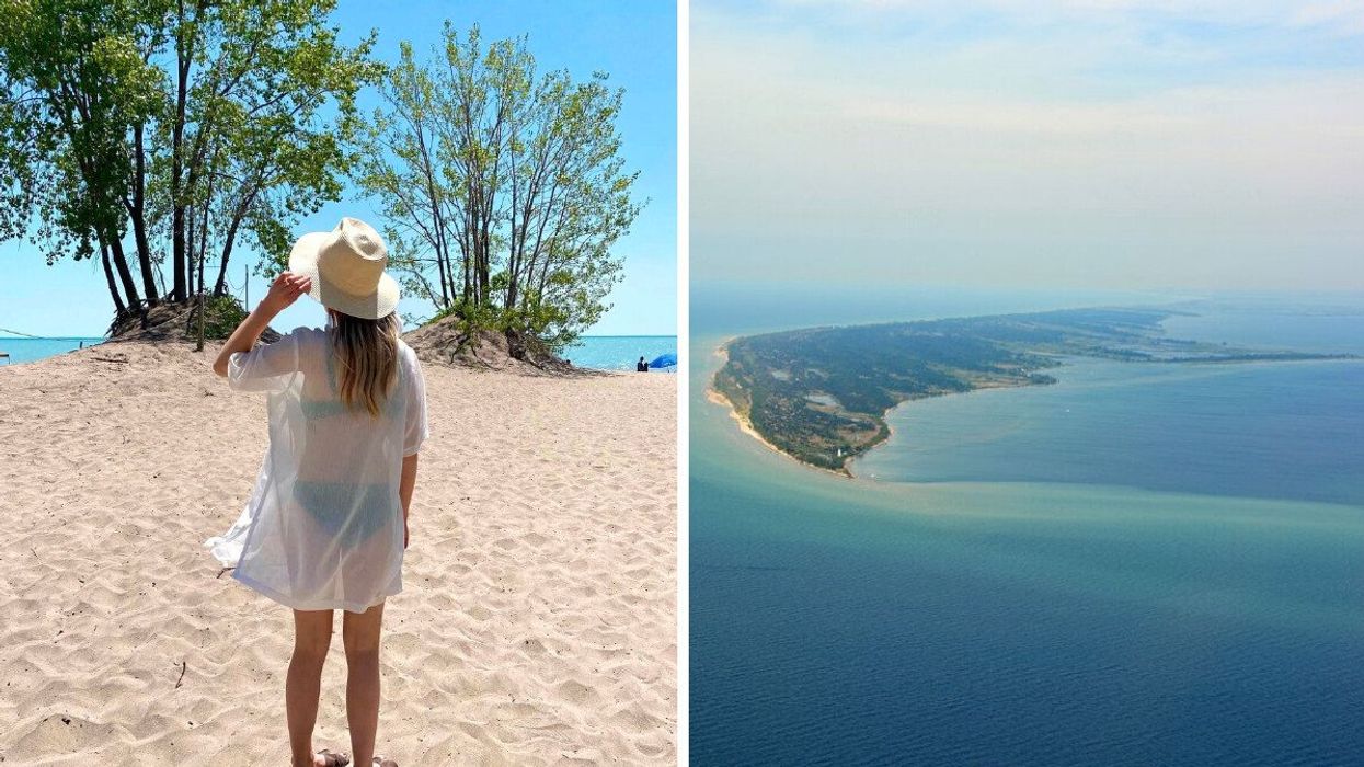 A person standing on a sandy beach. Right: An aerial photo of a beach.