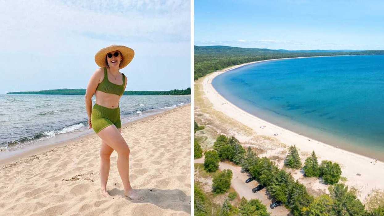 A person standing on a sandy beach. Right: An aerial view of a beach.