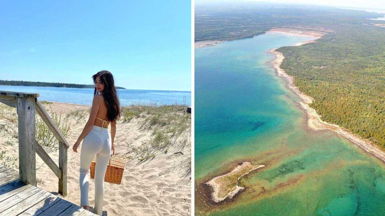 A person standing on a sandy beach. Right: An aerial view of a turquoise lake.