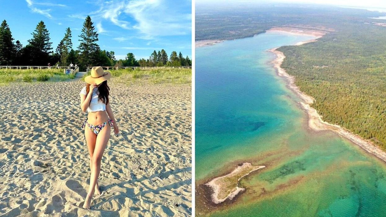 A person standing on a sandy beach. Right: An aerial view of an island.