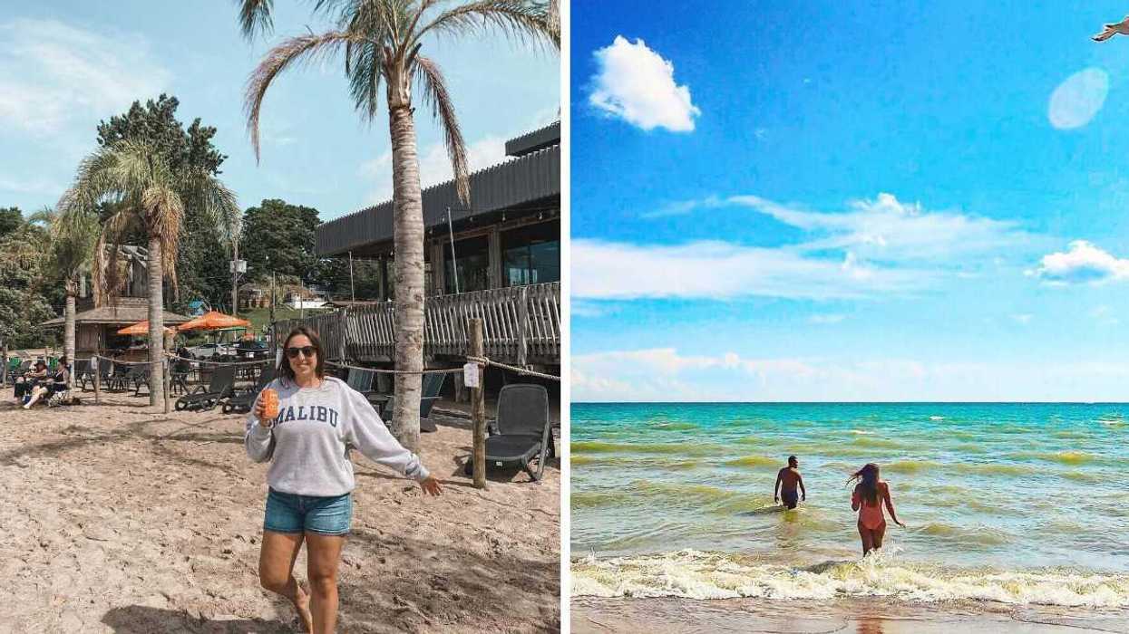 A person standing on a sandy beach. Right: Two people in a lake.