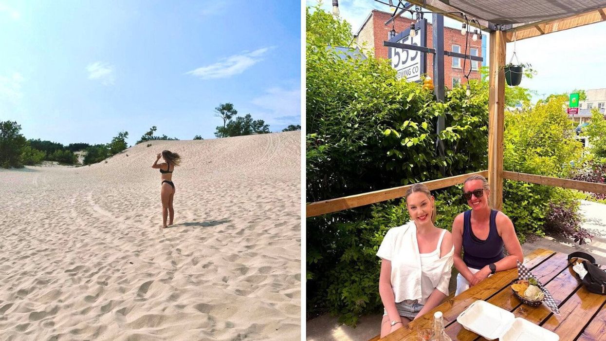 A person standing on a sandy beach. Right: Two people sitting on a patio.