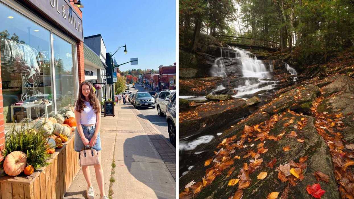 A person standing on a sidewalk. Right: A waterfall with autumn leaves.