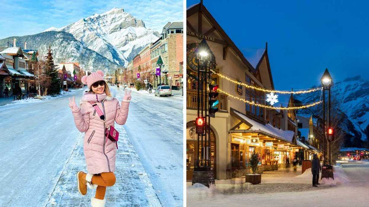 A person standing on a small town street in the winter. Right: Banff town.