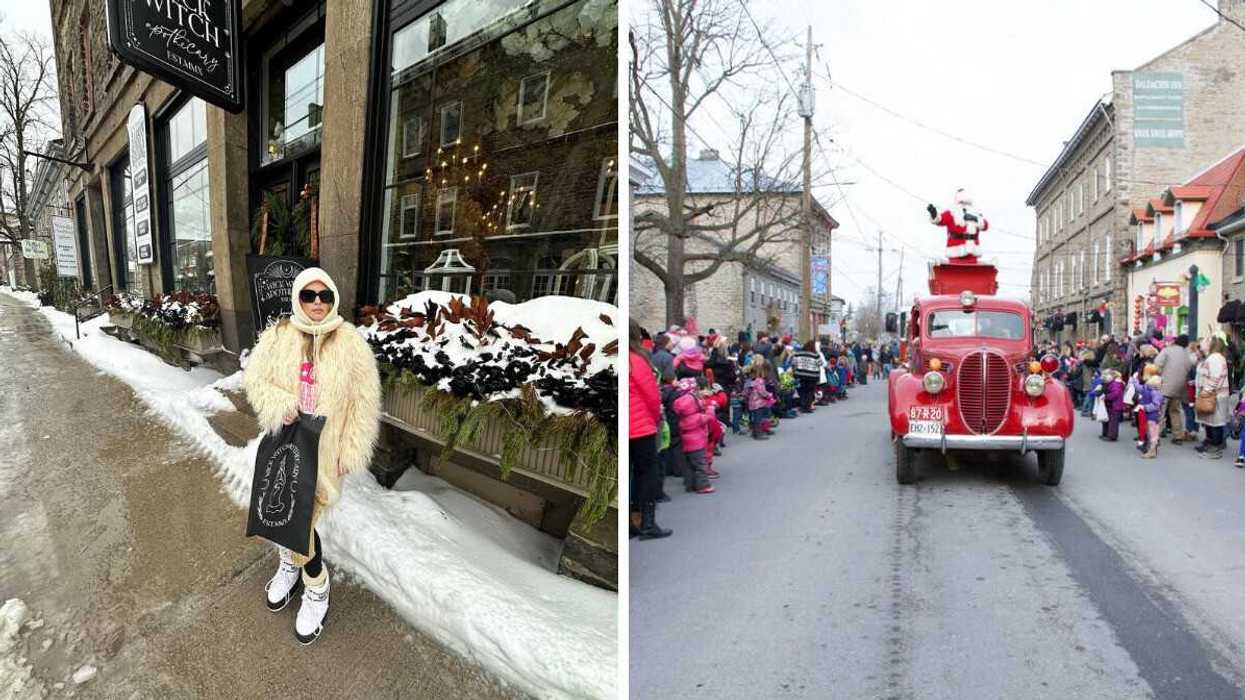A person standing on a snowy street. Right: A Santa Claus parade.