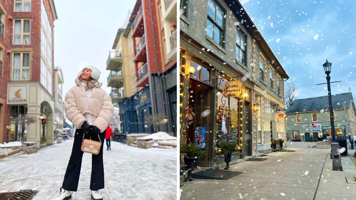 A person standing on a snowy street. Right: A small town during the winter.