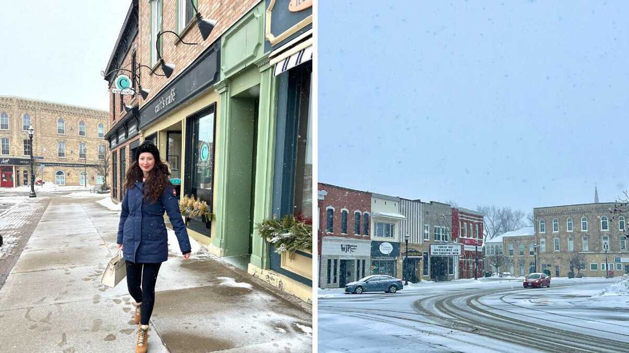 A person standing on a snowy street. Right: A small town in the winter.