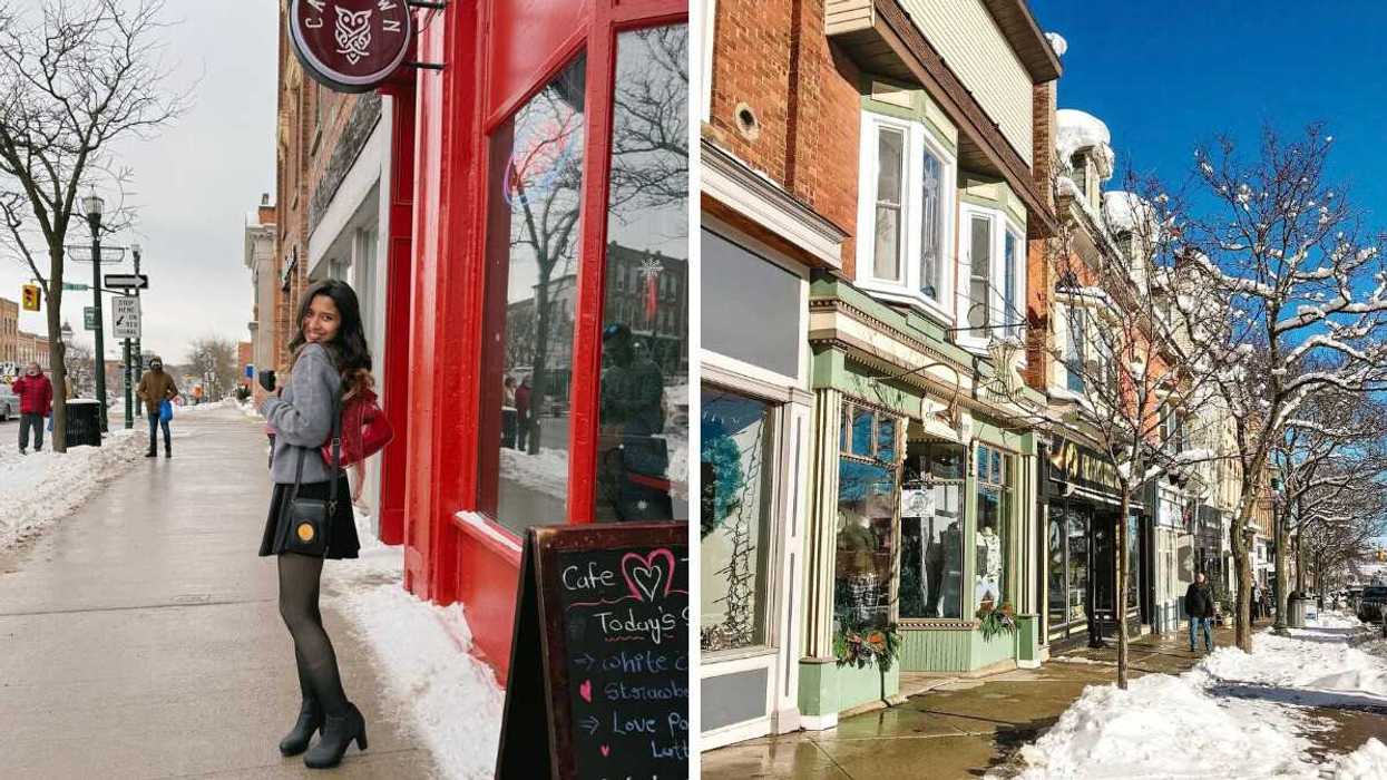 A person standing on a snowy street. Right: A street in a small town during the winter.