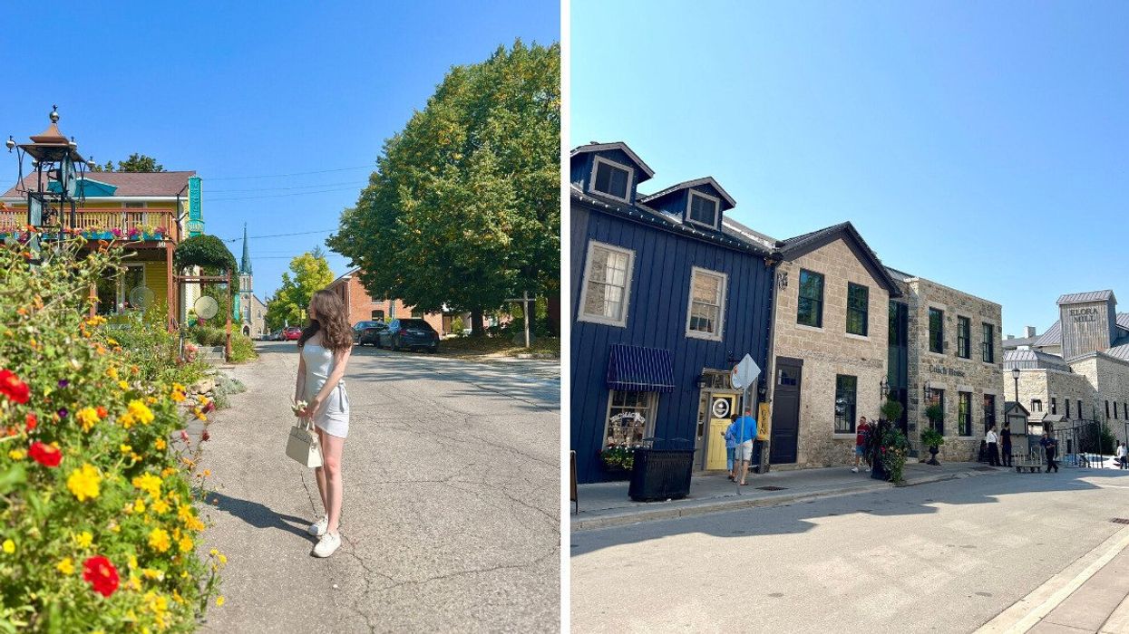 A person standing on a street by flowers. Right: Historic shops.