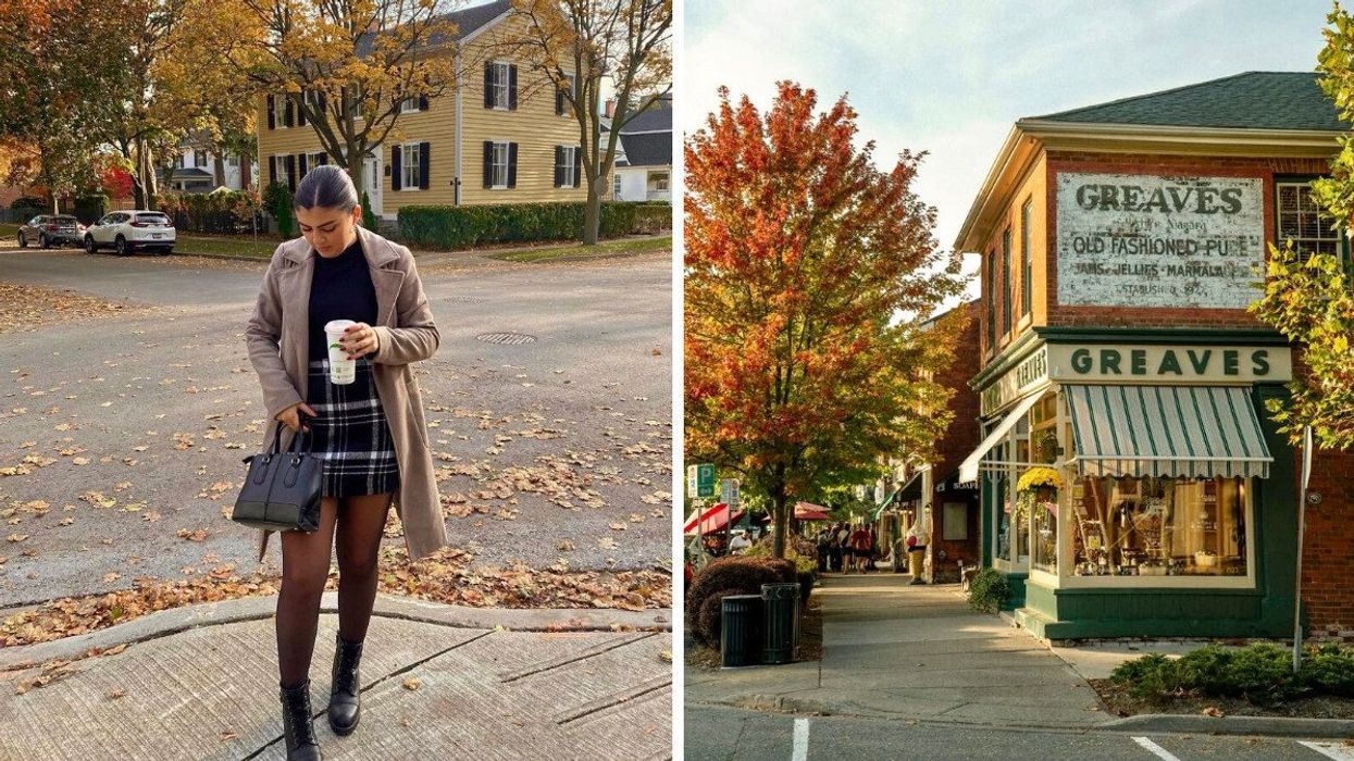 A person standing on a street during the fall. RIght: A historic street during the fall.