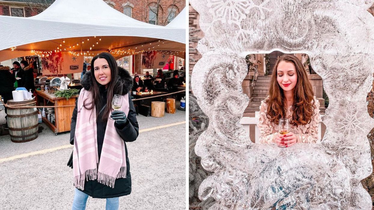 A person standing on a street holding a wine glass. Right: A person posing in an ice sculpture.