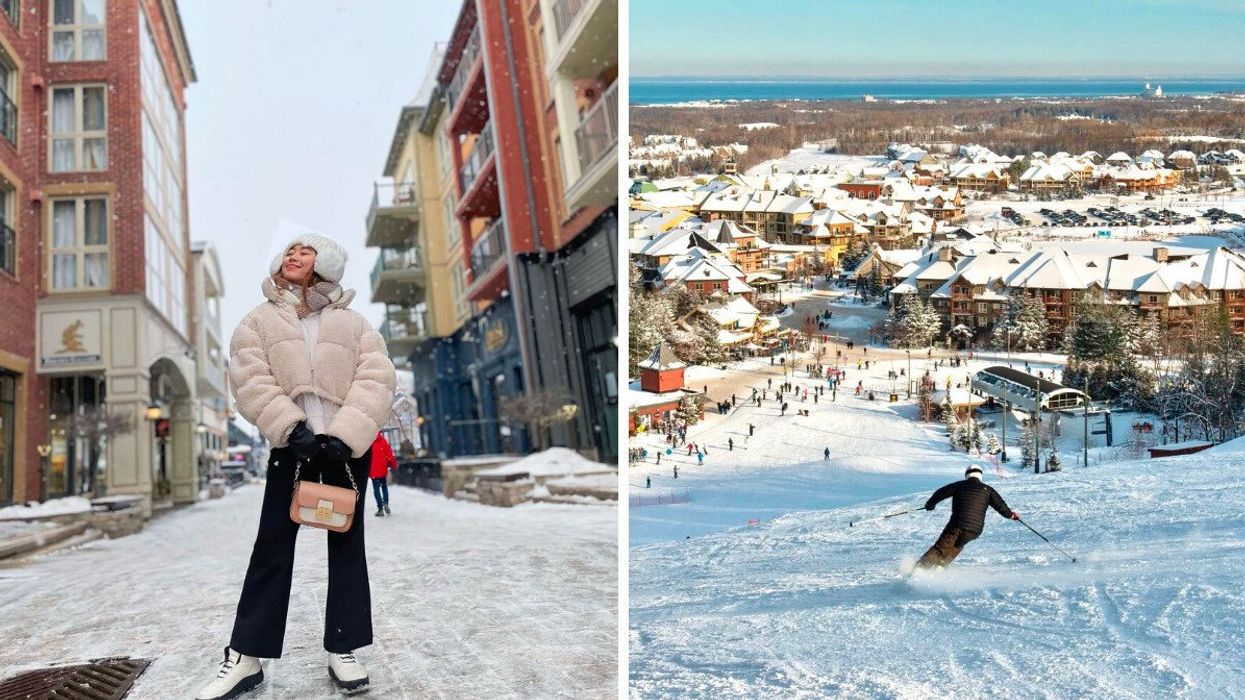A person standing on a street in the snow. Right: A person skiing with a village in the background.