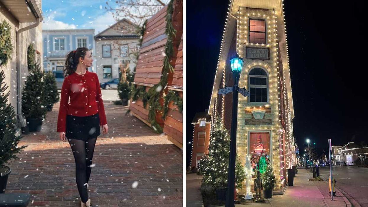 A person standing on a street. Right: A building with Christmas lights.