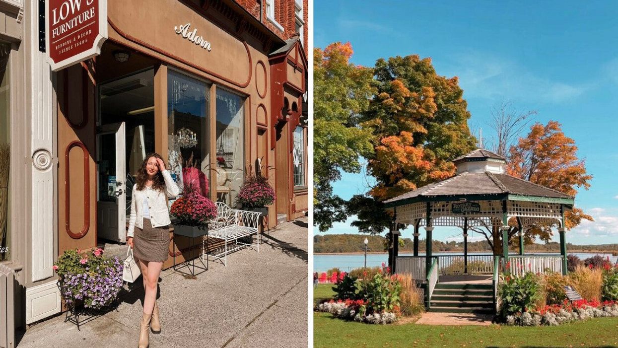 A person standing on a street. Right: A gazebo during the fall.
