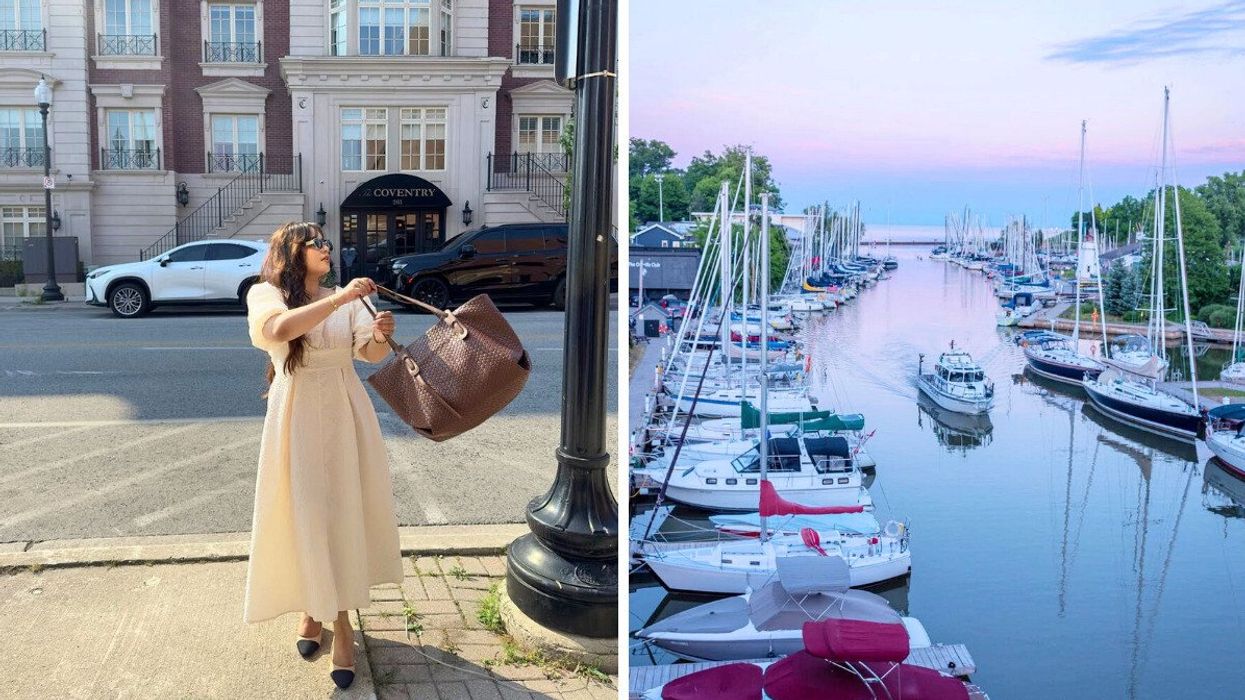 A person standing on a street. Right: A harbour with boats.